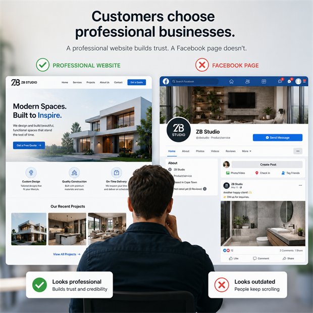 A professional website next to a plain Facebook page